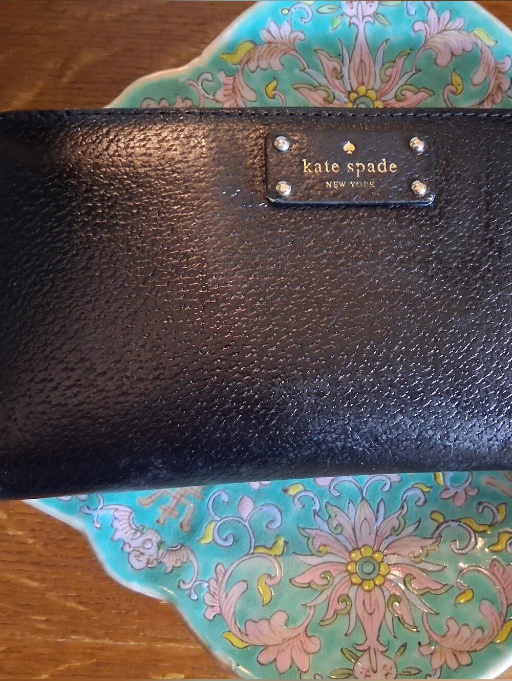 kate spade Black Leather Zip-Around Wallet with Gold Hardware